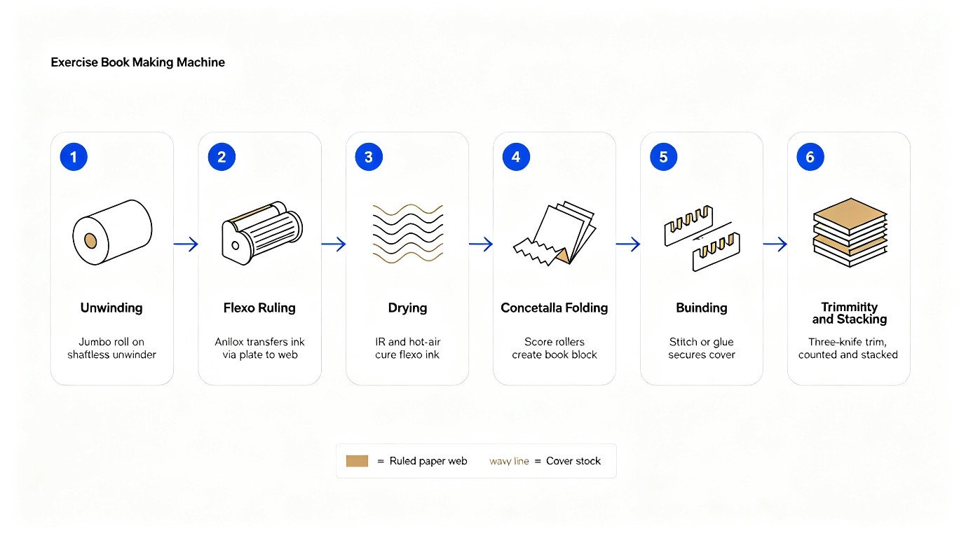 Exercise book production line process diagram: 6 steps from paper roll unwinding through flexo ruling, drying, concertina folding, binding, to three-knife trimming and stacking
